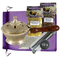 Räucherpfanne Weihrauchbrenner 8cm Ø Räuchergefäß Messing massive Handarbeit. 7-tlg Set zum räuchern mit Räucherwerk, Weihrauch, Myrrhe und Zubehör