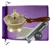 Räucherpfanne Weihrauchbrenner 9cm Ø Räuchergefäß massive Handarbeit (Messing). 5-tlg Set zum räuchern für jedes Räucherwerk, Weihrauch etc.