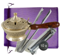 Räucherpfanne XXL Weihrauchbrenner 11cm Ø Räuchergefäß massive Handarbeit Messing. 6-tlg Set zum räuchern für Weihrauch und jedes Räucherwerk mit Räucherzange und Zubehör