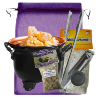 Hexenkessel Räuchergefäß Räucherschale 7-tlg Räucherset zum räuchern mit Al Hojari Weihrauch, Zange & Räucherzubehör.