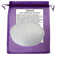 SELENIT Stein Platte Ladeplatte Untersetzer 8cm Ø BLUME des LEBENS [3-tlg Set] mit Täschchen & Beschreibung.