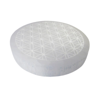 SELENIT Stein Platte Ladeplatte Untersetzer 8cm Ø BLUME des LEBENS [3-tlg Set] mit Täschchen & Beschreibung.