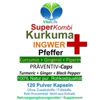 SuperKombi Kurkuma, Ingwer + Pfeffer 120 Pulver Kapseln