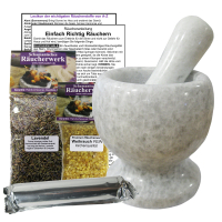 MÖRSER mit Stößel MARMOR 1700g Räucherset 5-tlg zum RÄUCHERN für jedes Räucherwerk - NATURSTEIN Räuchergefäß & Räucherschale in EINEM mit Lavendel + Weihrauch + Räucherkohle.