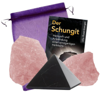 Schungit Pyramide 5cm + 2x Rosenquarz 6-tlg Set EMF Elektrosmog Set mit Buch Herkunft und Anwendung des Heilsteins