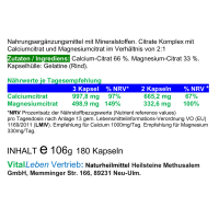 Calcium - Magnesium - Citrat 2:1, 180 Pulver Kapseln