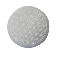 SELENIT Stein 2x Platte Ladeplatte Untersetzer 8cm Ø BLUME des LEBENS [4-tlg Set] mit Täschchen & Beschreibung.