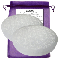 SELENIT Stein 2x Platte Ladeplatte Untersetzer 12cm Ø BLUME des LEBENS [4-tlg Set] Täschchen & Beschreibung.
