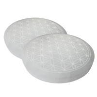 SELENIT Stein 2x Platte Ladeplatte Untersetzer 12cm Ø BLUME des LEBENS [4-tlg Set] Täschchen & Beschreibung.