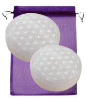 SELENIT 2x Platte 14cm Ø Ladeplatte Untersetzer BLUME des LEBENS [4-tlg Set] Täschchen & Beschreibung.