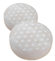 SELENIT 2x Platte 14cm Ø Ladeplatte Untersetzer BLUME des LEBENS [4-tlg Set] Täschchen & Beschreibung.