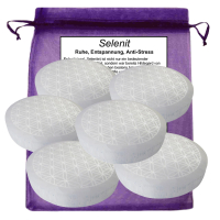 SELENIT Stein 6x Platte Ladeplatte Untersetzer 8cm Ø BLUME des LEBENS [8-tlg Set] mit Täschchen & Beschreibung.