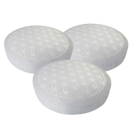 SELENIT Stein 3x Platte Ladeplatte Untersetzer 8cm Ø BLUME des LEBENS [5-tlg Set] mit Täschchen & Beschreibung.