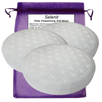 SELENIT Stein 3x Platte Ladeplatte Untersetzer 12cm Ø BLUME des LEBENS [5-tlg Set] Täschchen & Beschreibung.