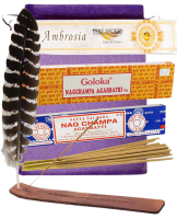 Räucherstäbchen NAG CHAMPA Sai Baba GOLOKA + AMBROSIA [6-tlg SET] + Räucherfeder + Räucherstäbchenhalter + Täschchen.
