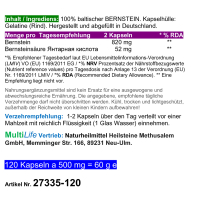 Bernstein NATUR Bernsteinsäure 100% Bernsteinpulver 120 Kapseln - Nach Hildegard von Bingen Elixier der Jugend [ohne ZUSATZSTOFFE]