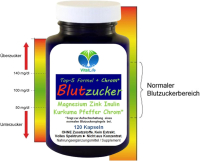 Blutzucker-FORMEL TOP-5 + CHROM* 120 KAPSELN - MAGNESIUM - ZINK - INULIN - KURKUMA - PIPERIN - NORMALWERTE UND normaler Blutzuckerspiegel.