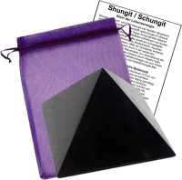 SCHUNGIT Pyramide 9 x 9cm POLIERT für SCHUTZ, NEGATIVES abschirmen, Schlafzimmer, Büro, Home-Office uvm. Inklusive TÄSCHCHEN und BESCHREIBUNG [Zazhoginskij Mine KARELIEN)