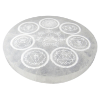 SELENIT Platte 10cm Ø Ladeplatte Schutzplatte Untersetzer CHAKRA [3-tlg Set] Täschchen & Beschreibung.