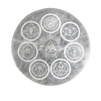 SELENIT Platte 10cm Ø Ladeplatte Schutzplatte Untersetzer CHAKRA [3-tlg Set] Täschchen & Beschreibung.