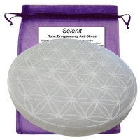 SELENIT Stein 18cm Ø Platte Ladeplatte Untersetzer BLUME des LEBENS [3-tlg Set] Täschchen & Beschreibung.