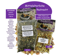 Rauhnächte räuchern 8-tlg Räucherset MITTELALTERLICHE RAUHNACHT 20-Kräuter Räuchermischung, RÄUCHERSCHALE, Anleitung, Weihrauch, Myrrhe, Rauhnachtfibel.
