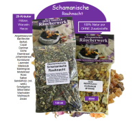 Rauhnächte räuchern 9-tlg Räucherset SCHAMANISCHE RAUHNACHT 20-Kräuter Räuchermischung, RÄUCHERPFANNE, RÄUCHERZANGE, Anleitung, Weihrauch, Myrrhe, Rauhnachtfibel, Täschchen.