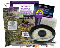 Rauhnächte räuchern 9-tlg UNIVERSAL RAUHNACHT Räucherset 20-Kräuter, Hölzer, Harze Räuchermischung, RÄUCHERSCHALE, RÄUCHERZANGE, Weihrauch & Myrrhe, Anleitung, Rauhnachtfibel, Täschchen.