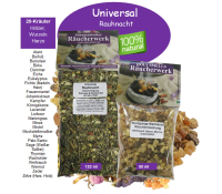 Rauhnächte Räucherwerk UNIVERSAL RAUHNACHT 1x 20-Kräuter Räuchermischungen a 120ml und 50ml Reinigungsweihrauch Weihrauch, Myrrhe, Styrax, Drachenblut zum räuchern. 2x Räuchermischungen in wiederverschließbaren Beuteln.