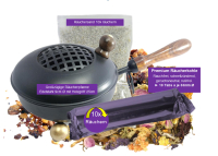 Räucherpfanne Weihrauchbrenner mit Holzgriff und Räucherkohle in Premium Qualität (rauchfrei, rußfrei, schnellzündend, geruchsneutral) 10 Tabs a 33mm Ø und Räuchersand zum 10x räuchern z.B. für energetische Hausreinigung und Rauhnächte.