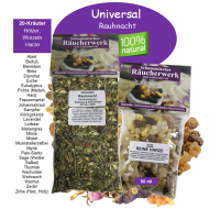 Rauhnächte Räucherwerk UNIVERSAL RAUHNACHT 1x 20-Kräuter Räuchermischungen a 120ml und 50ml Reine Harze Weihrauch, Myrrhe, Dammar, Styrax, Benzoe, Fichtenharz zum räuchern. 2x Räuchermischungen in wiederverschließbaren Beuteln.