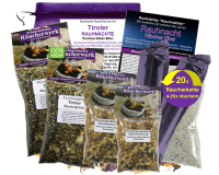 Rauhnächte räuchern 10-tlg Räucherset TIROLER RAUHNACHT 4x Räuchermischungen, 20-Alpenkräuter, REINIGUNGS-WEIHRAUCH, 20x Räucherkohle, Anleitung, Zubehör, Rauhnachtfibel, Täschchen.