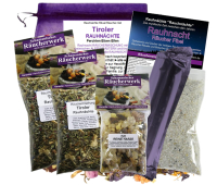 TIROLER RAUHNACHT 8-tlg Ritual Räucherset 20-Kräuter Räuchermischung mit REINIGUNGSWEIHRAUCH, Anleitung, Räucherzubehör, Rauhnachtfibel, Täschchen.