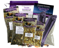 Rauhnächte räuchern 10-tlg Räucherset TIROLER RAUHNACHT 4x Räuchermischungen, 20-Alpenkräuter, WEIHRAUCH & MYRRHE, 20x Räucherkohle, Anleitung, Zubehör, Rauhnachtfibel, Täschchen.