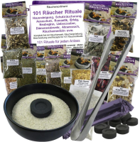 Hausreinigung Räuchern 101 Rituale 20-TLG Räucher-Set, Schutz, Meditation, Rauhnächte, Negative Energie ausräuchern UVM. 12 x Räucherwerk, RÄUCHERSCHALE, Zange, Kohle, Anleitung