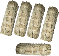 8-tlg SET: 5x Weißer Salbei Smudge Bündel 12-14cm aus Kalifornien. Handgeerntet, sorgsam gebündelt, sonnengetrocknet. OHNE ZUSATZSTOFFE. 1x Booklet. 1x Beschreibung. 1x Täschchen (Geschenksäckchen).