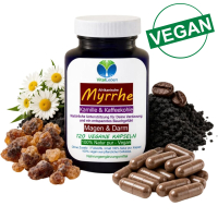 Myrrhe Kamille Kaffeekohle VEGAN 120 Kapseln für Verdauung, Magen-Darm-Balance. Pflanzlich, ohne Zusatzstoffe.