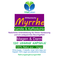 Myrrhe Kamille Kaffeekohle VEGAN 120 Kapseln für Verdauung, Magen-Darm-Balance. Pflanzlich, ohne Zusatzstoffe.