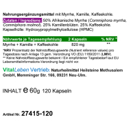 Myrrhe Kamille Kaffeekohle VEGAN 120 Kapseln für Verdauung, Magen-Darm-Balance. Pflanzlich, ohne Zusatzstoffe.