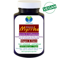 Myrrhe Kamille Kaffeekohle VEGAN 120 Kapseln für Verdauung, Magen-Darm-Balance. Pflanzlich, ohne Zusatzstoffe.