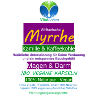 Myrrhe Kamille Kaffeekohle VEGAN 180 Kapseln für Verdauung, Magen-Darm-Balance. Pflanzlich, ohne Zusatzstoffe.