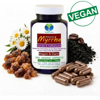 Myrrhe Kamille Kaffeekohle VEGAN 360 Kapseln für Verdauung, Magen-Darm-Balance. Pflanzlich, ohne Zusatzstoffe.