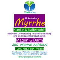 Myrrhe Kamille Kaffeekohle VEGAN 360 Kapseln für Verdauung, Magen-Darm-Balance. Pflanzlich, ohne Zusatzstoffe.