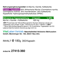 Myrrhe Kamille Kaffeekohle VEGAN 360 Kapseln für Verdauung, Magen-Darm-Balance. Pflanzlich, ohne Zusatzstoffe.