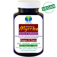 Myrrhe Kamille Kaffeekohle VEGAN 360 Kapseln für Verdauung, Magen-Darm-Balance. Pflanzlich, ohne Zusatzstoffe.
