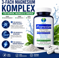 Magnesium Top 3-fach KOMPLEX rein organisch 120 Pulver Kapseln vegetarisch ohne Zusatzstoffe.