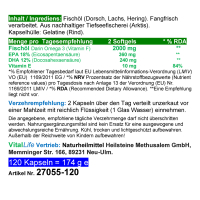 Omega 3 Fettsäuren EPA & DHA 120 Softgel Kapseln. Die mehrfach ungesättigten Omega-3-Fettsäuren EPA (Eicosapentaensäure) und DHA (Docosahexaensäure) sind essentielle Nährstoffe mit vitaminähnlichen Funktionen.