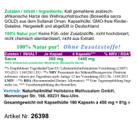 Weihrauch Boswellia Sacra GOLD 180 Pulver Kapseln NATURWEIHRAUCH reines Olibanum Harz KEIN Extrakt OHNE Zusatzstoffe.
