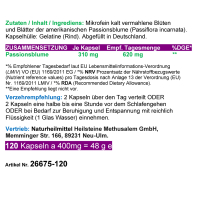 PASSIONSBLUME Passiflora Passion Flower 120 Kapseln - zur HERZENSRUHE finden - In der Ruhe liegt die Kraft [Einschlafen & Durchschlafen] + [Beruhigung & Entspannung] NATUR pur - OHNE ZUSATZSTOFFE!