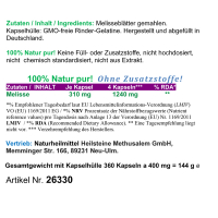 Melisse Zitronenmelisse 360 Kapseln NERVENKRAUT FRAUENWOHL HERZTROST 100% NATUR PUR - OHNE Zusatzstoffe!